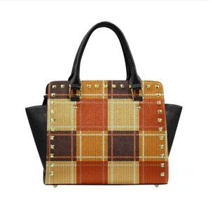 Brown Checker Rivet Leather Top-Handle Bag